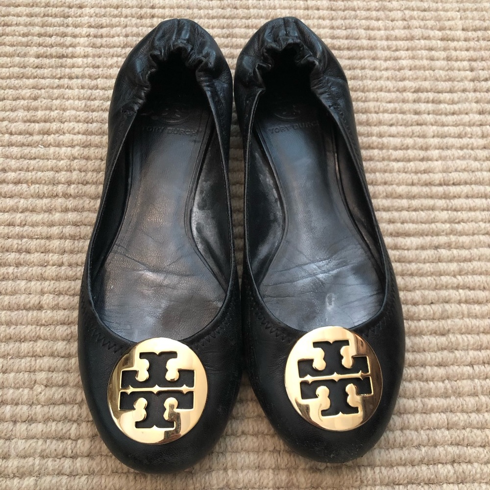 Tory Burch Black Flats with Gold Logo